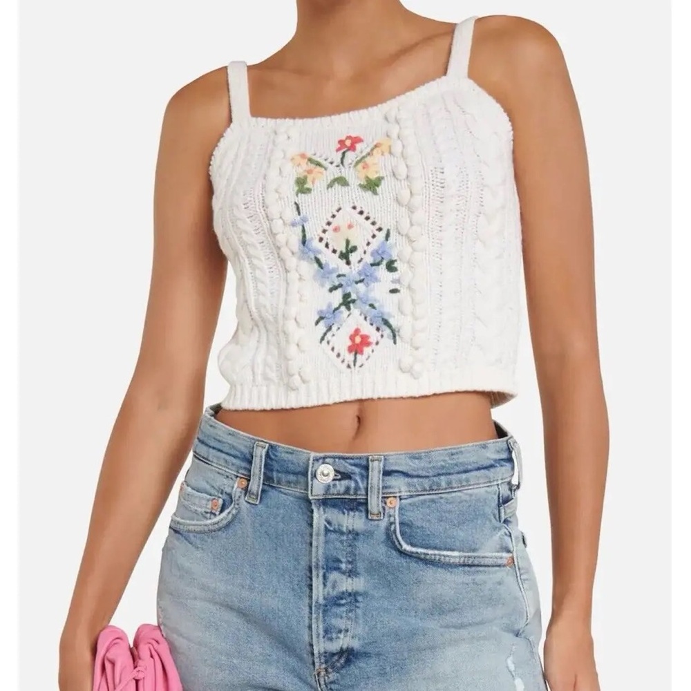 Polo Ralph Lauren cable knit embellished floral crop wool tank